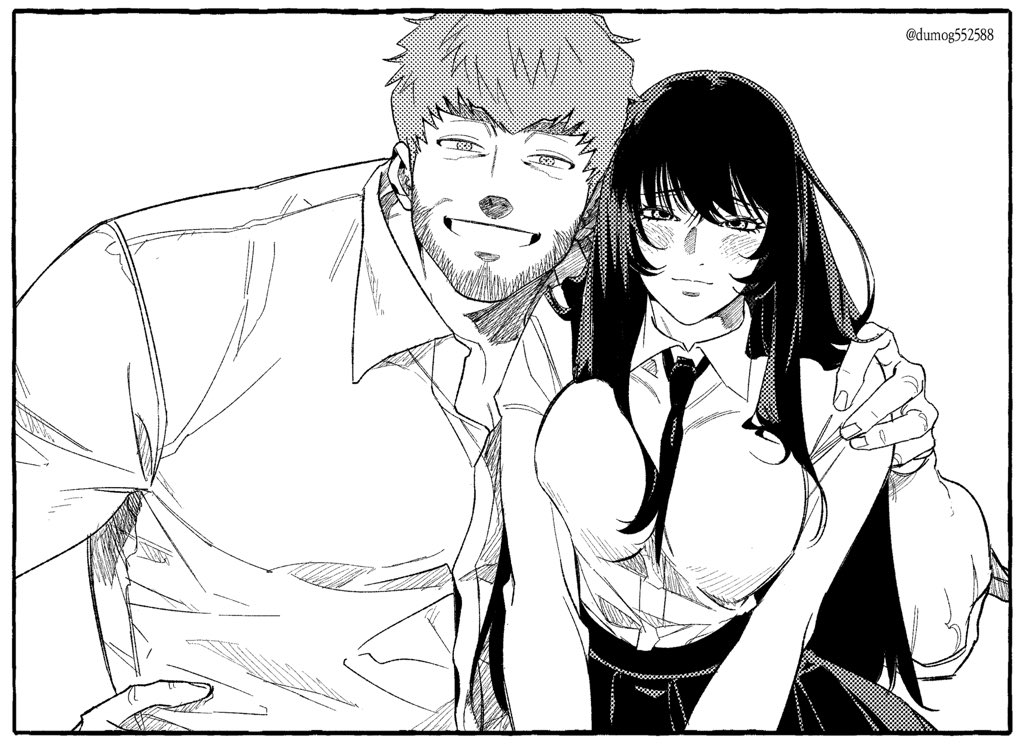 1boy, 1girl, arm_around_shoulder, beard, breasts, commentary_request, degrees_of_lewdity, doren_(degrees_of_lewdity), doren_(male)_(degrees_of_lewdity), dy0urre1n, facial_hair, greyscale, grin, hand_on_another's_shoulder, hand_on_own_hip, korean_commentary, large_breasts, long_hair, monochrome, necktie, pectorals, player_character_(degrees_of_lewdity), player_character_(female)_(degrees_of_lewdity), pleated_skirt, short_necktie, skirt, smile, thick_eyebrows, very_long_hair, yuri_(dy0urre1n)