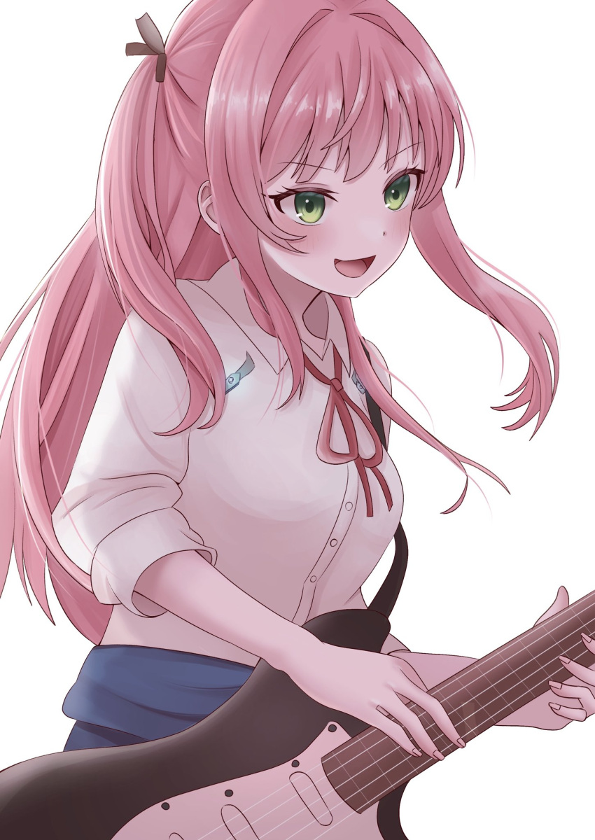 1girl, aikawa_megumi, breasts, clothes_around_waist, green_eyes, guitar, heaven_burns_red, highres