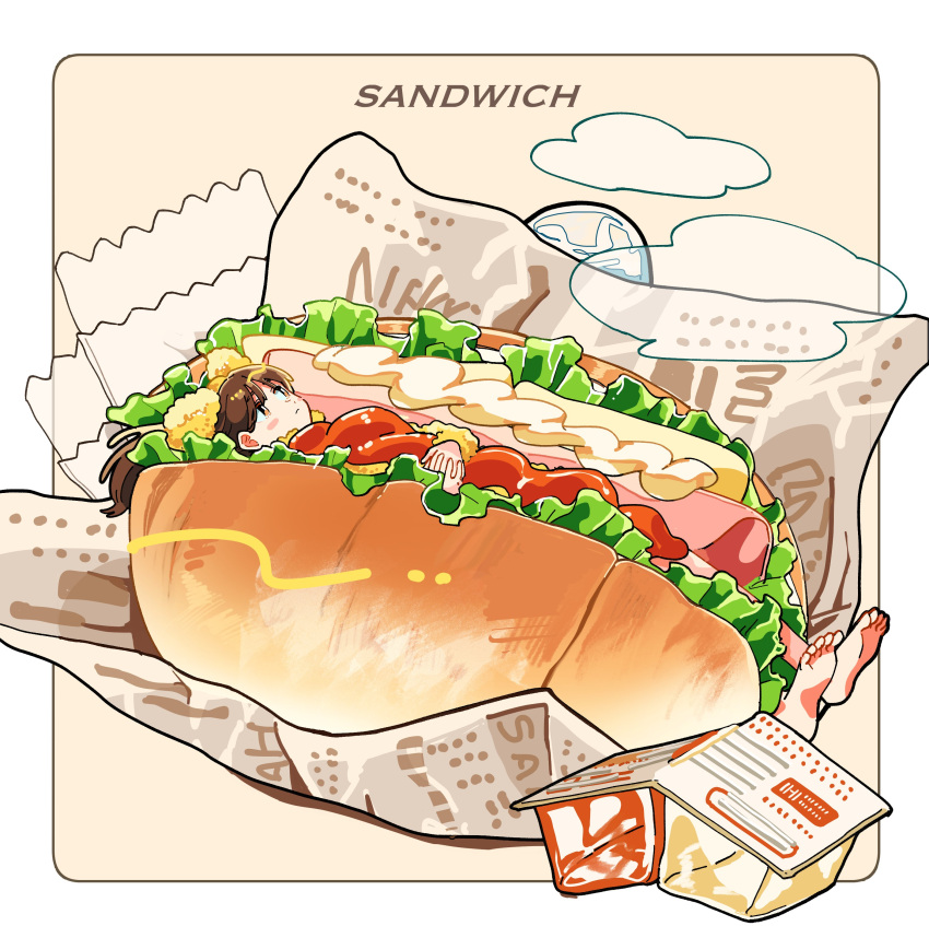 1girl, absurdres, aoyama_wasabi, blush_stickers, brown_hair, cheese, closed_mouth, commentary