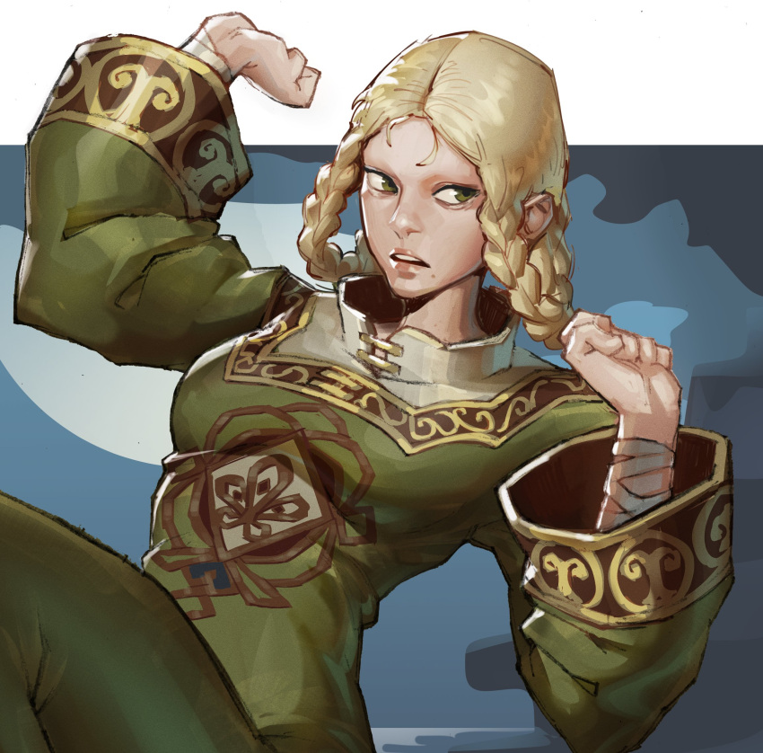 1girl, arms_up, blonde_hair, braid, braided_hair_rings, clenched_hands, dress, elden_ring