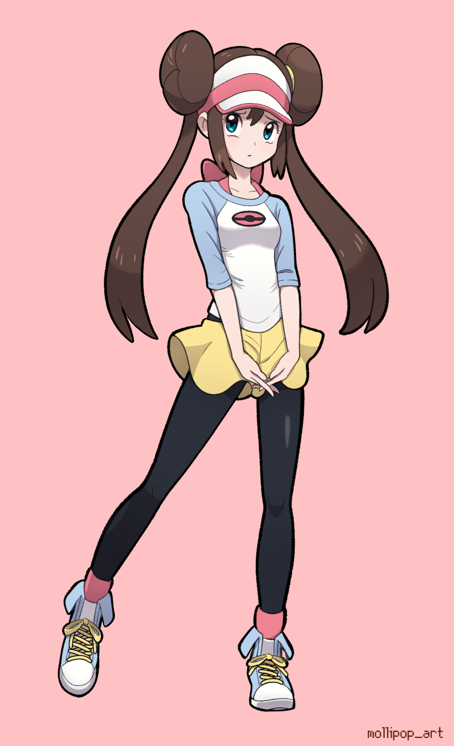 1girl, black_pantyhose, blue_eyes, blue_shoes, brown_hair, closed_mouth, commentary_request, double_bun, full_body, hair_bun, highres, long_hair, looking_up, mollipop_art, pantyhose, pink_background, pink_socks, pokemon, pokemon_bw2, raglan_sleeves, rosa_(pokemon), shirt, shoes, shorts, simple_background, socks, solo, standing, three-quarter_sleeves, twintails, visor_cap, yellow_shorts