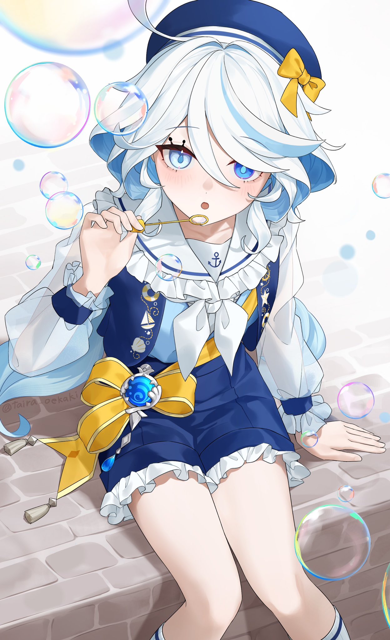 1girl, :o, ahoge, alternate_costume, blowing_bubbles, blue_eyes, blue_gemstone, blue_hair