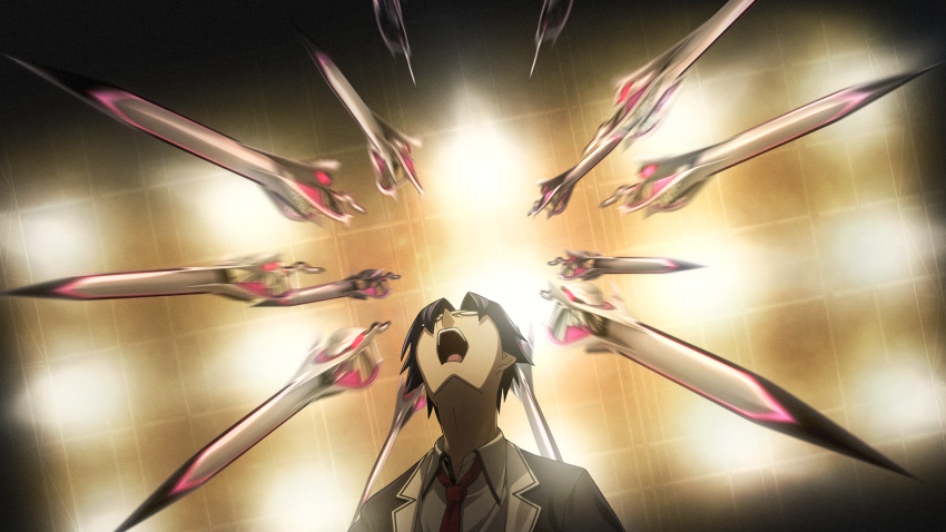 1boy, adam's_apple, black_jacket, blazer, chaos;child, collared_shirt, d-sword, falling_swords