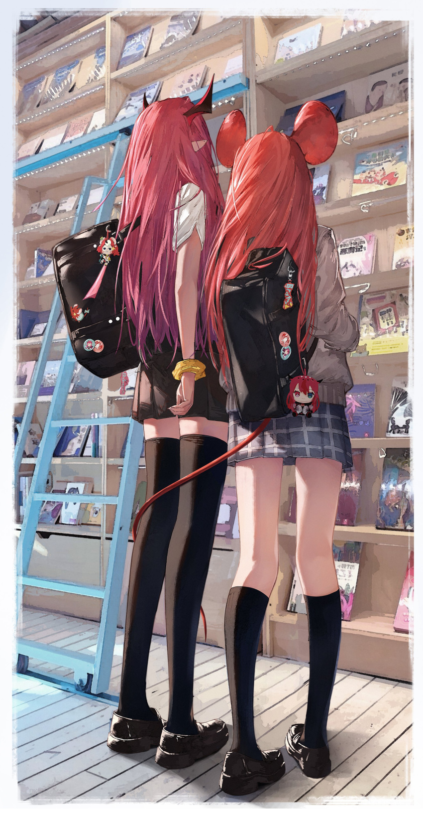 2girls, absurdres, alternate_costume, animal_ears, badge, bag, bag_charm, black_horns
