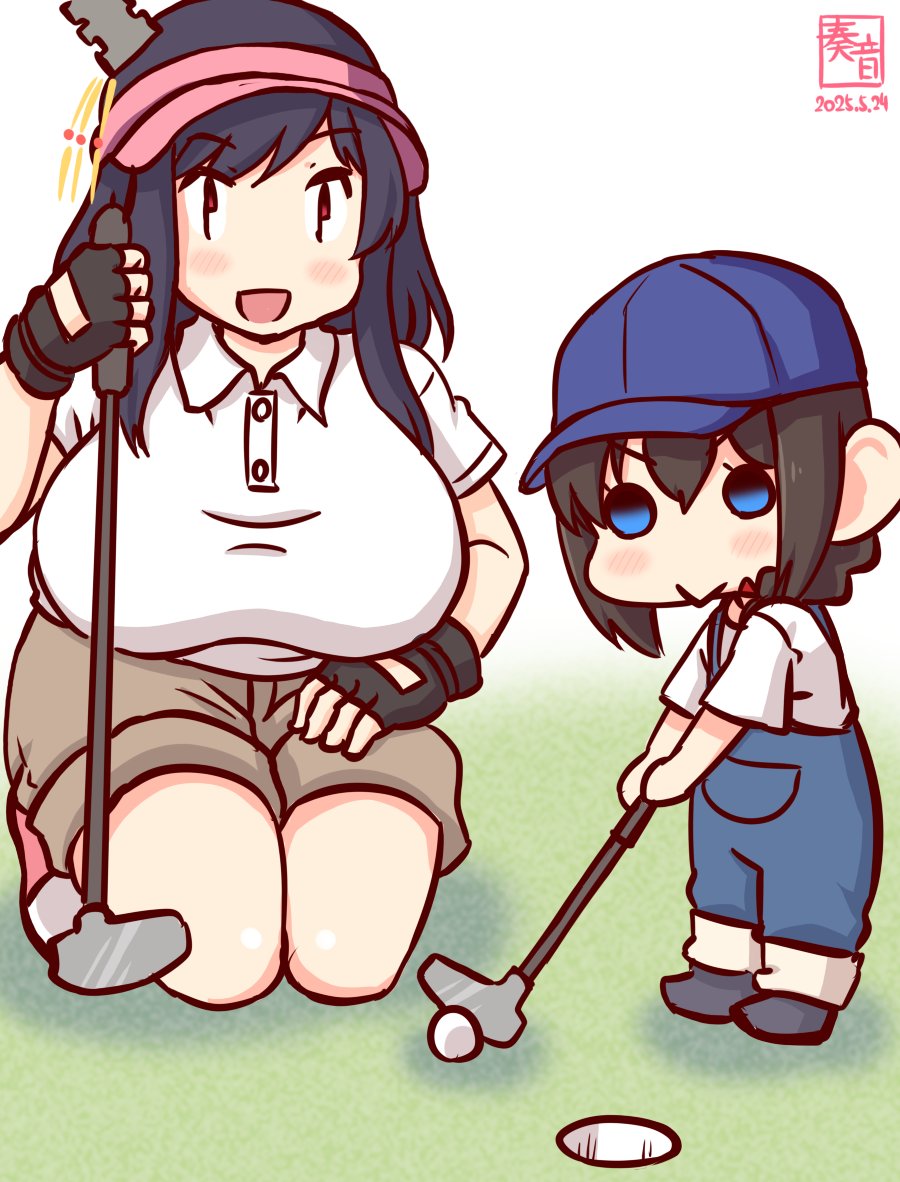 2girls, alternate_costume, artist_logo, baseball_cap, blue_hat, blue_overalls, braid, breasts