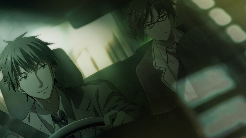 2boys, adam's_apple, black_hair, black_jacket, blazer, blue_hair, blue_necktie, car