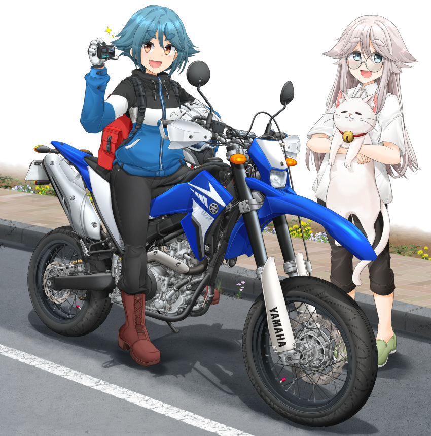 2girls, absurdres, action_camera, akiyama_haruno, animal, backpack, bag, bell