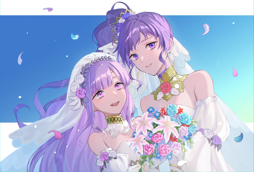 2girls, :d, bare_shoulders, bouquet, detached_sleeves, dress, fire_emblem, fire_emblem:_genealogy_of_the_holy_war