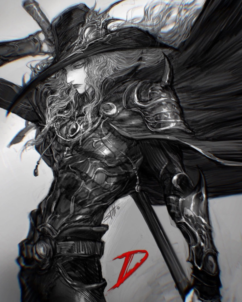 1boy, black_cape, cape, character_name, commentary, d_(vampire_hunter_d), english_commentary, greyscale