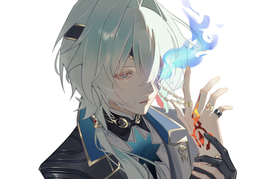 1boy, anaxa_(honkai:_star_rail), aqua_hair, black_jacket, blue_eyes, eyepatch, highres, honkai:_star_rail