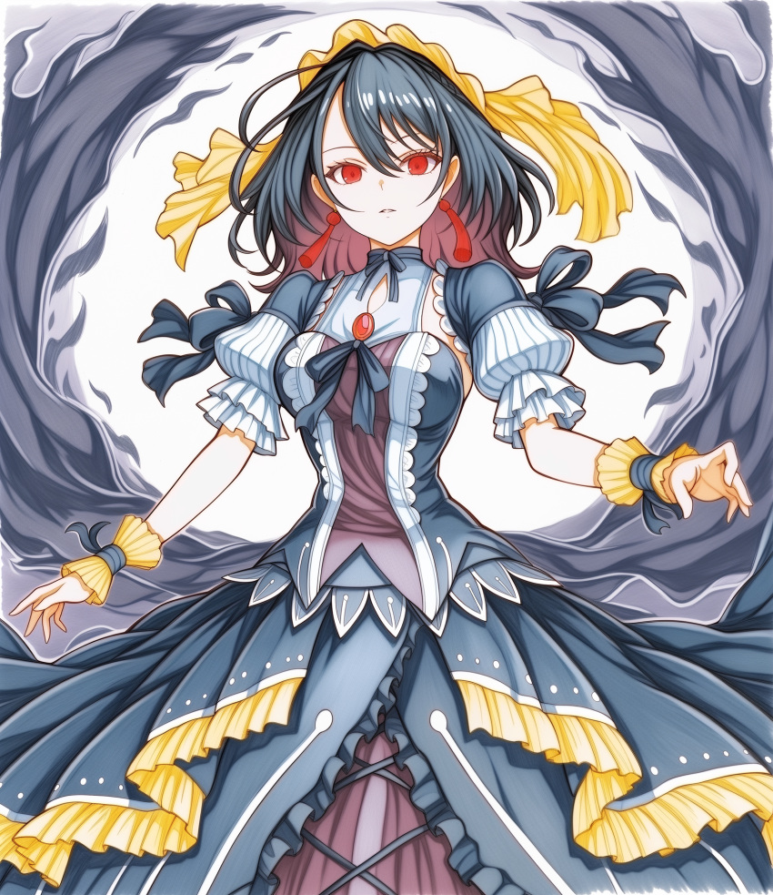 1girl, black_dress, black_hair, breasts, dress, duel_monster, earrings, hair_between_eyes