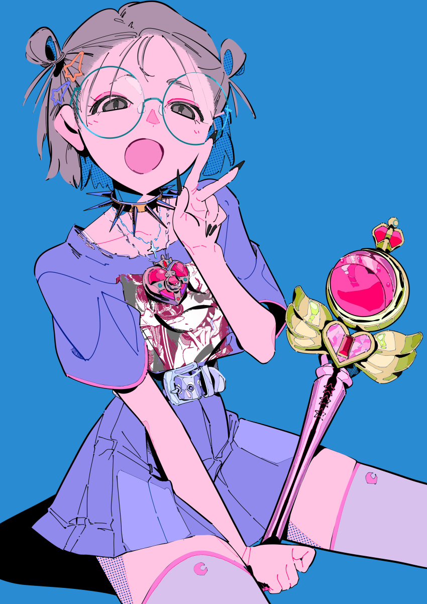 1girl, :o, absurdres, bishoujo_senshi_sailor_moon, black_choker, black_nails, blue_shirt, blue_skirt