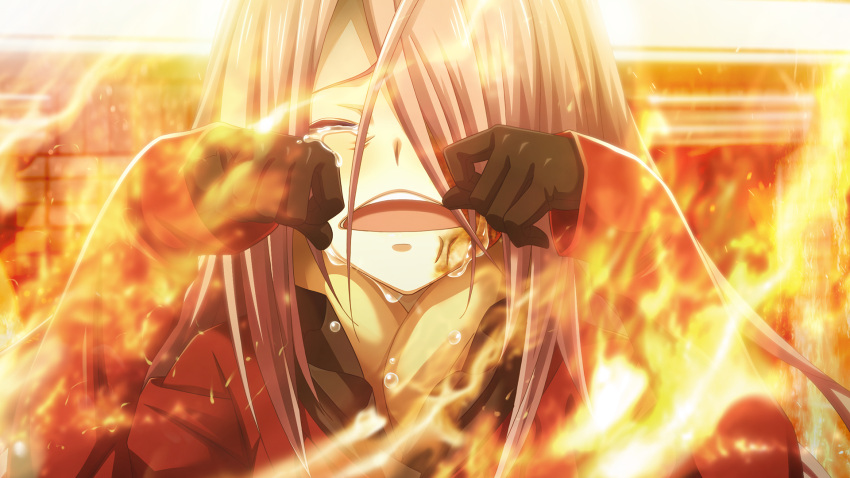 1girl, black_gloves, blurry, blurry_background, burn_scar, burnt_face, chaos;child, chaos;child_love_chu_chu!!
