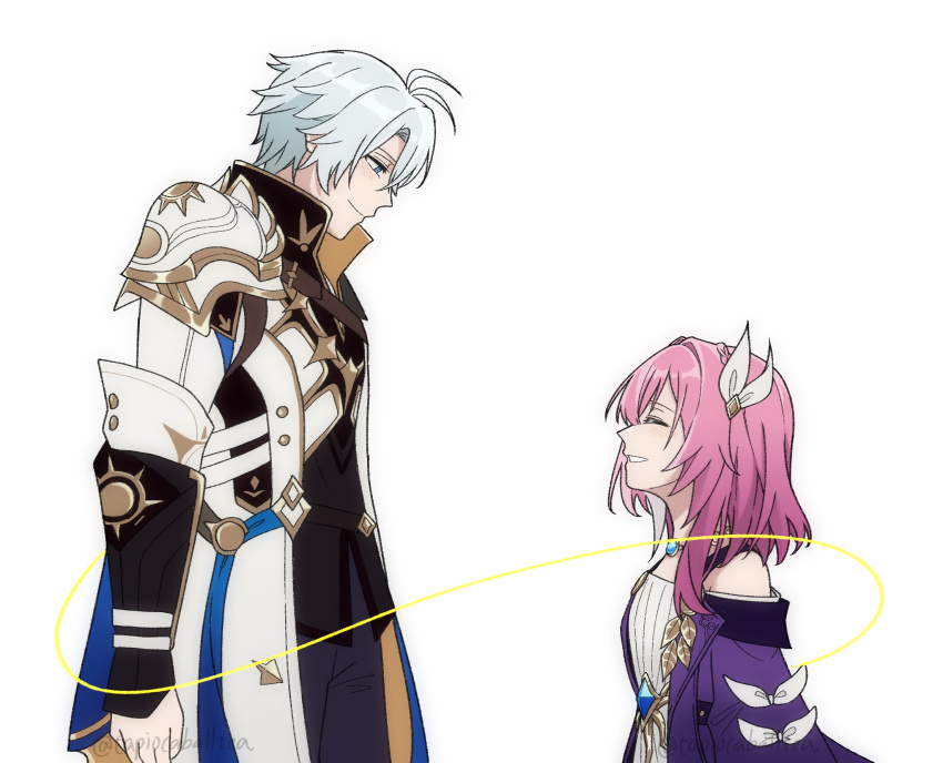 1boy, 1girl, ahoge, armor, black_pants, blue_eyes, breasts, coat