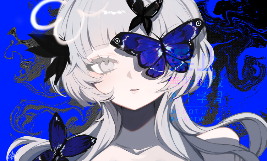1girl, 27_wre, absurdres, blue_background, blue_butterfly, blunt_bangs, bug, butterfly