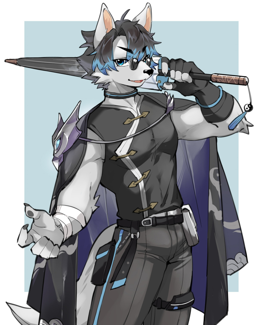 absurdres, animal_ears, black_gloves, black_shirt, blue_eyes, chang_wen_(furrybar), claws, closed_umbrella