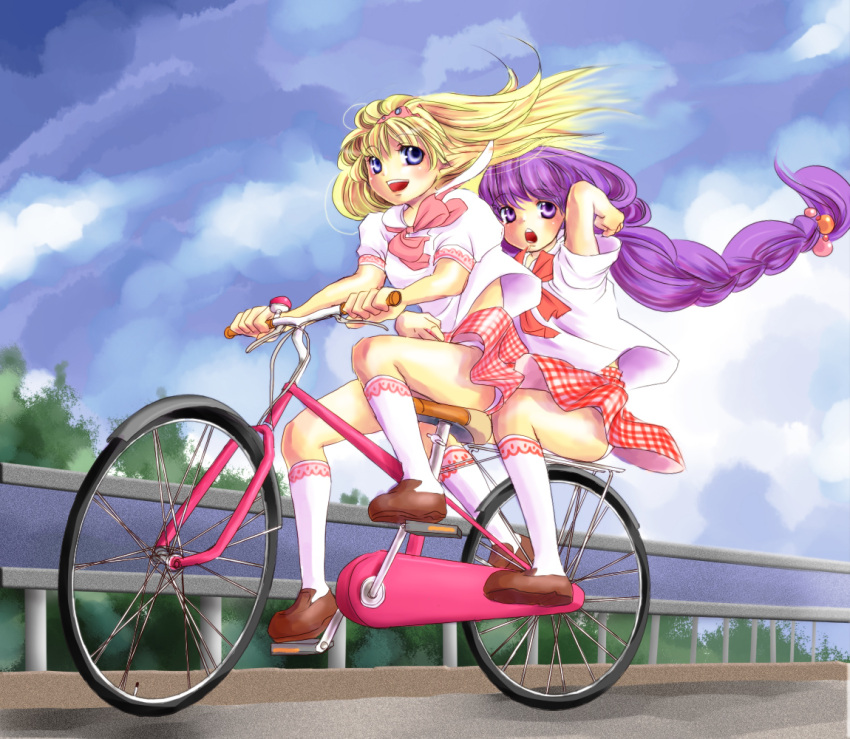 :o, alternate_costume, bicycle, blonde_hair, blue_eyes, bow, braid, ele