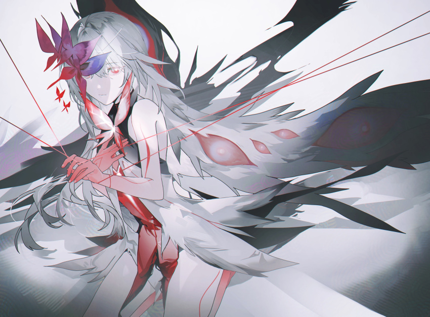 1girl, absurdres, bare_arms, bare_shoulders, butterfly_hair_ornament, chaos_(pgr), cino_(cappuccino), colored_skin
