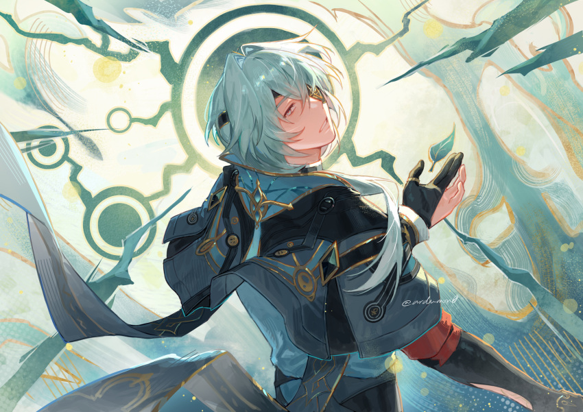 1boy, anaxa_(honkai:_star_rail), aqua_hair, ardumon0, back, black_jacket, blue_eyes, eyepatch