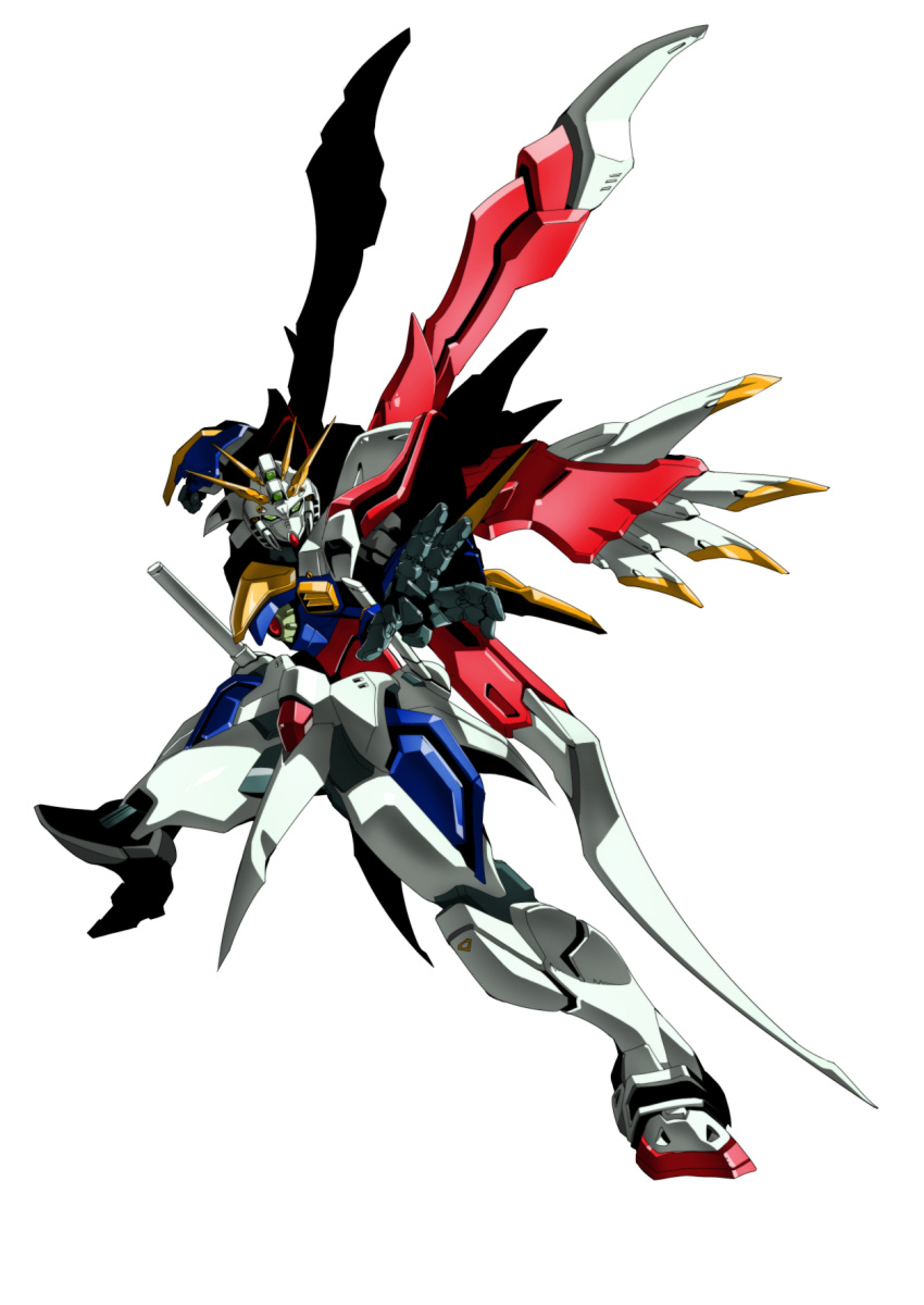 fighting_stance, g_gundam, god_gundam, god_gundam_ii, green_eyes, gundam, highres, looking_at_viewer