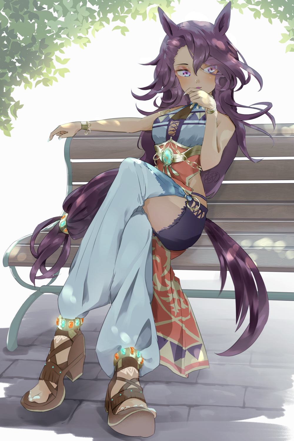 1girl, animal_ears, anklet, arm_rest, arm_up, armlet, bare_shoulders, bench