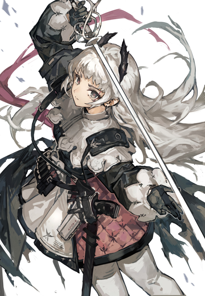 1girl, absurdres, arknights, arm_up, bandolier, belt, black_gloves, black_shirt