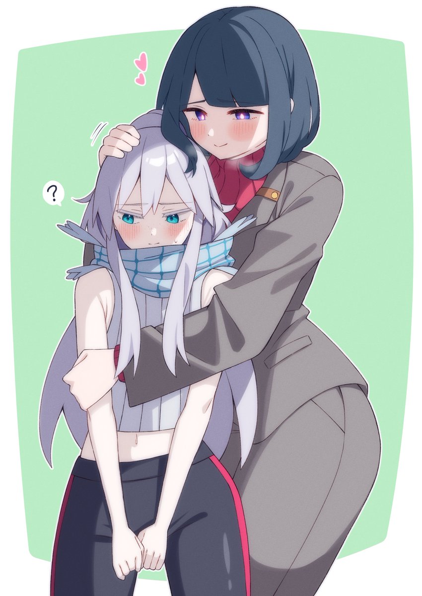2girls, 85neko, black_hair, black_pants, blue_eyes, commentary_request, deux_murasame, green_background