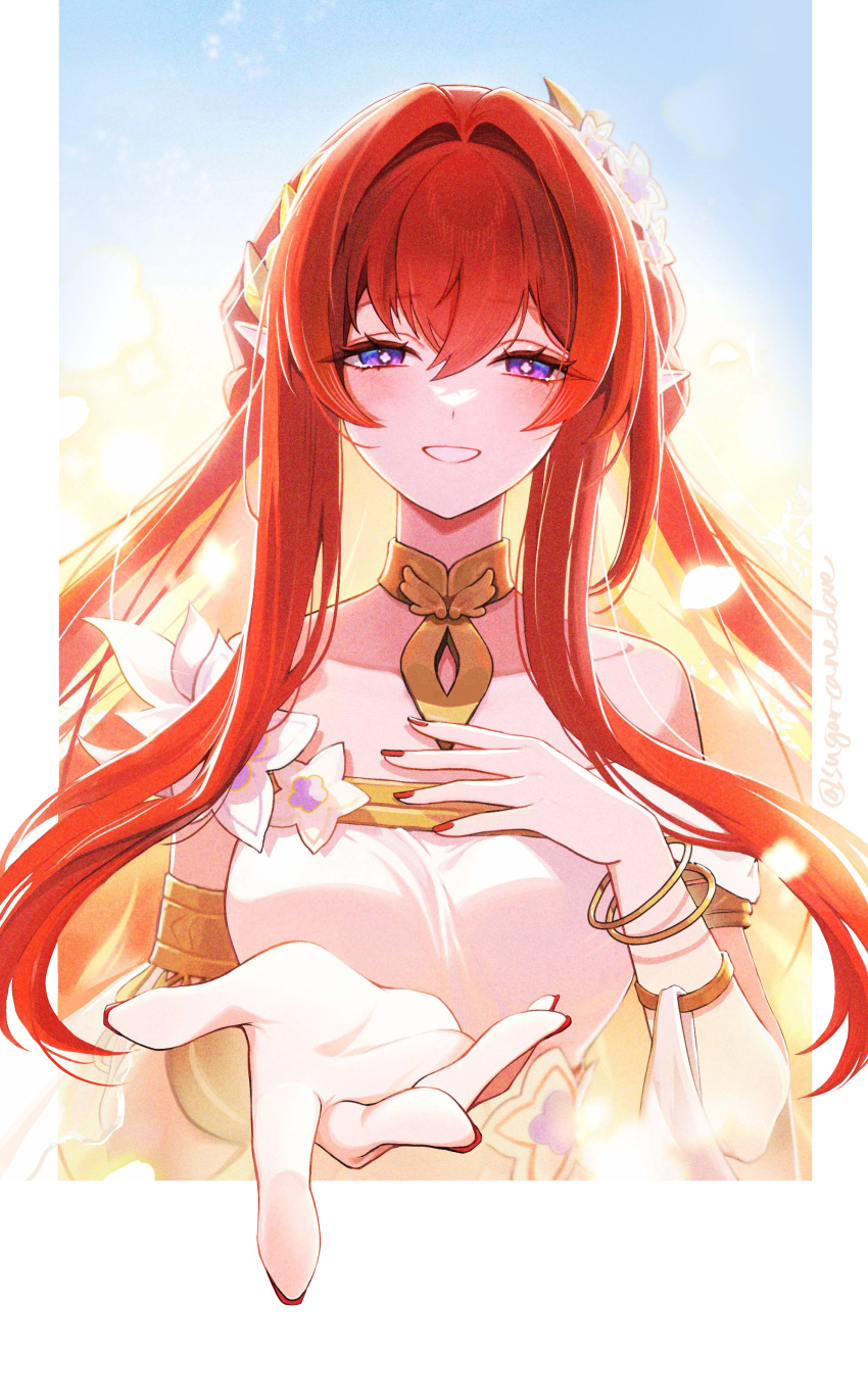 1girl, absurdres, bare_shoulders, blue_eyes, breasts, colored_inner_hair, commentary, dress