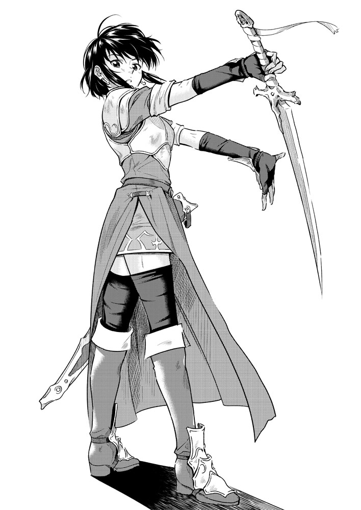 1girl, armor, armored_boots, black_hair, boots, bracer, breastplate, earrings