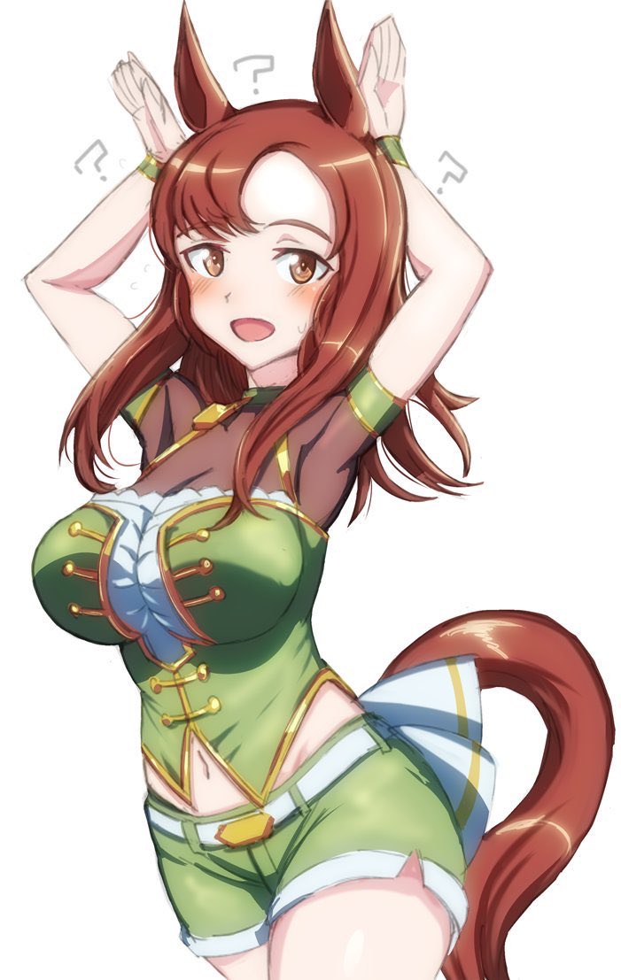 1girl, ?, animal_ears, blush, breasts, brown_eyes, brown_hair, dress