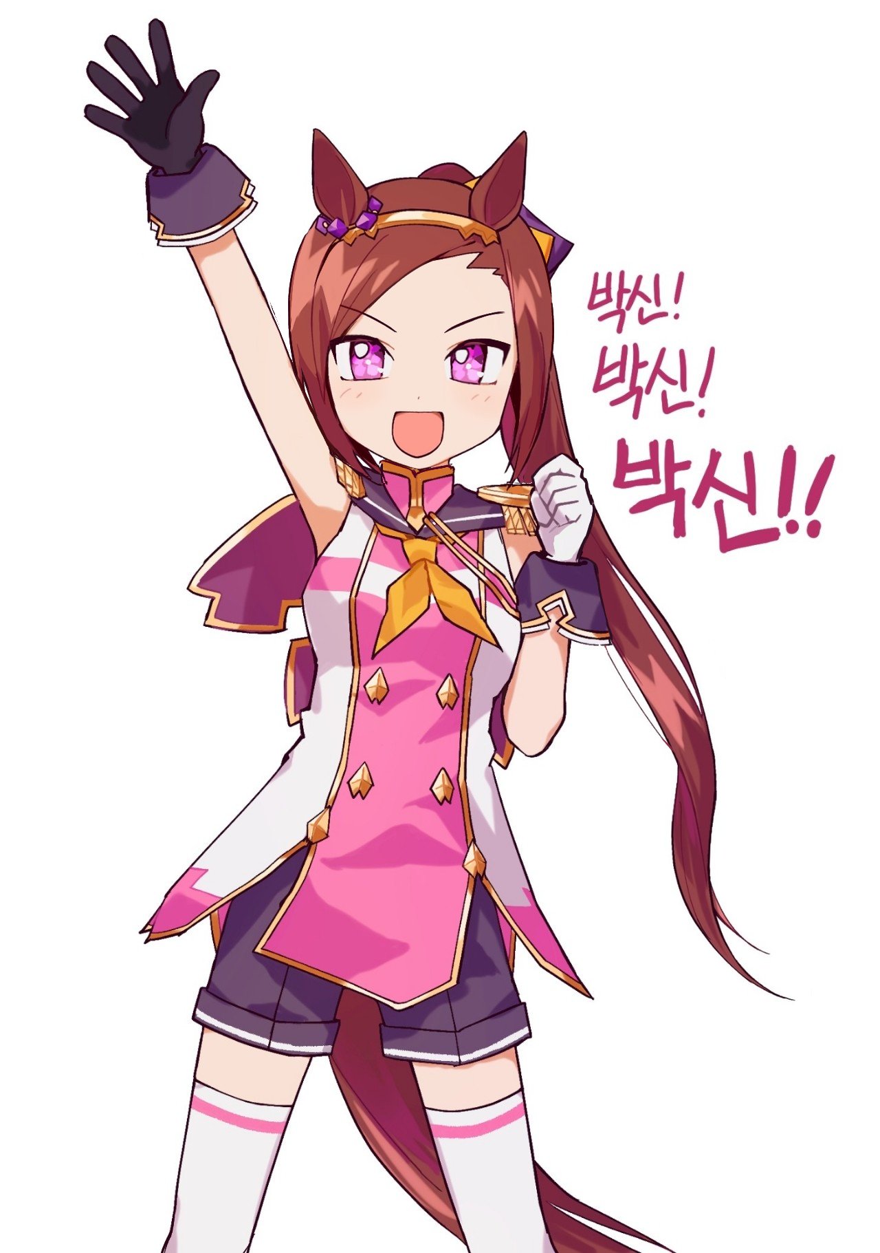 1girl, animal_ears, arm_up, asymmetrical_gloves, black_gloves, breasts, brown_hair, clenched_hand