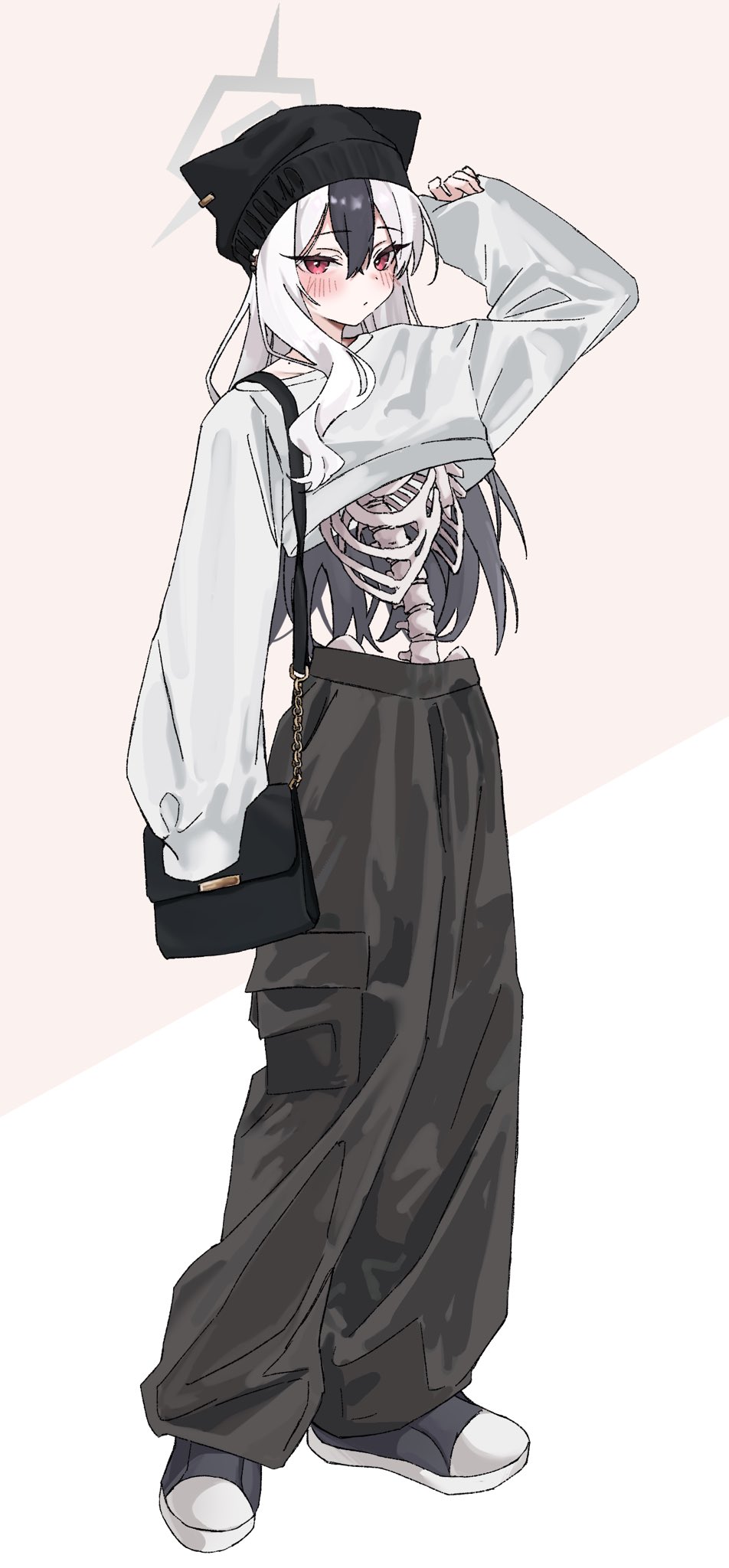 1girl, alternate_costume, bag, baggy_pants, black_pants, blue_archive, cropped_sweater, full_body, grey_halo, halo, handbag, hat, highres, kayoko_(blue_archive), multicolored_hair, pants, skeleton, solo, sweater, takamalu08_12, two-tone_hair