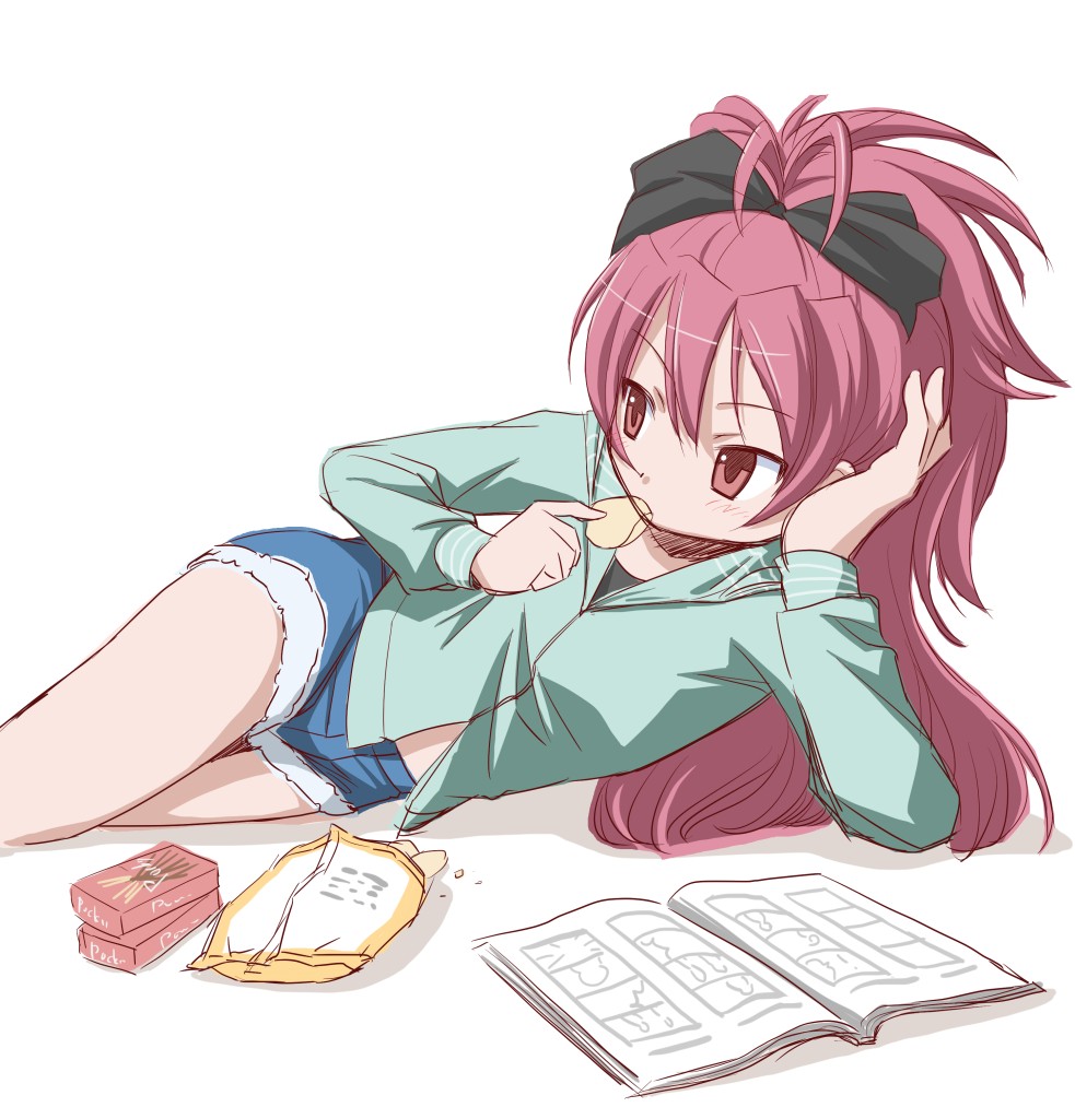 book, bow, casual, chips, cpro, denim, denim_shorts, eating