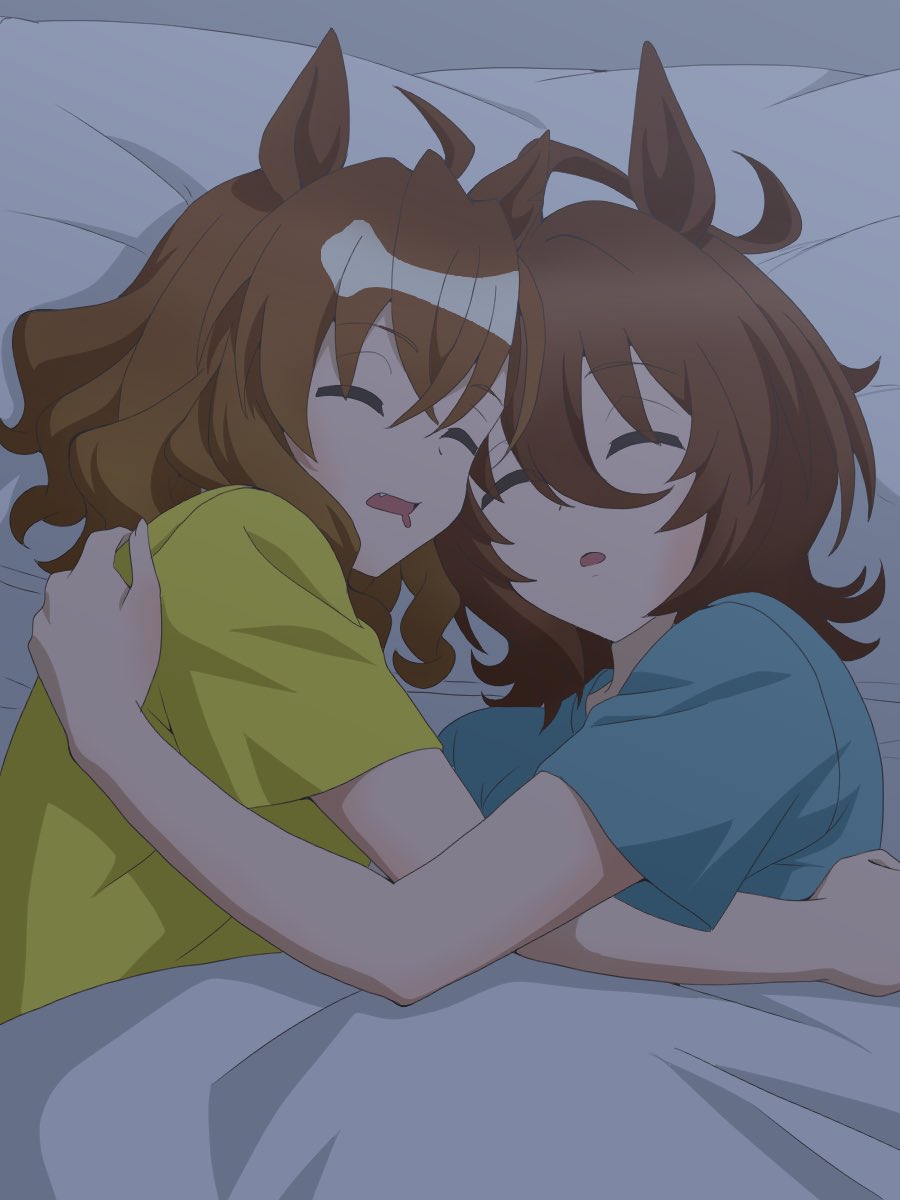 2girls, agnes_tachyon_(umamusume), ahoge, animal_ears, blue_shirt, brown_hair, closed_eyes, commentary_request, drooling, hair_between_eyes, heads_together, highres, horse_ears, horse_girl, hug, jungle_pocket_(umamusume), lying, medium_hair, mouth_drool, multiple_girls, mutual_hug, on_side, pota_suko, shared_bed, shirt, short_sleeves, sleeping, t-shirt, umamusume, under_covers, wolf_cut, yellow_shirt, yuri