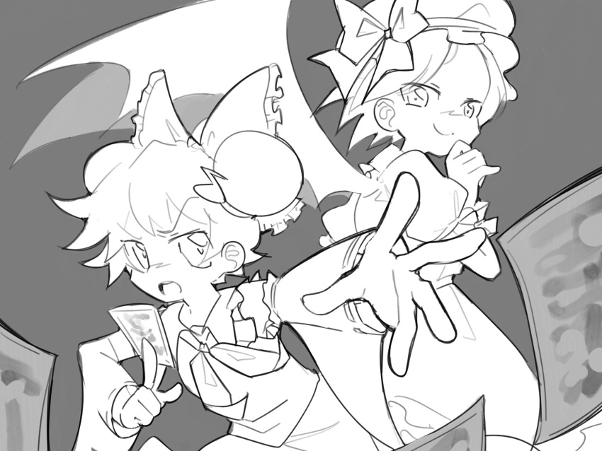 1girl, 2girls, aolyxe, bow, bowtie, dress, hair_ribbon, hakurei_reimu