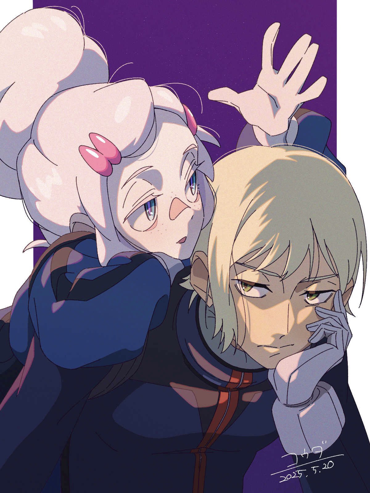 1boy, 1girl, blonde_hair, blue_eyes, commentary_request, deux_murasame, expressionless, freckles