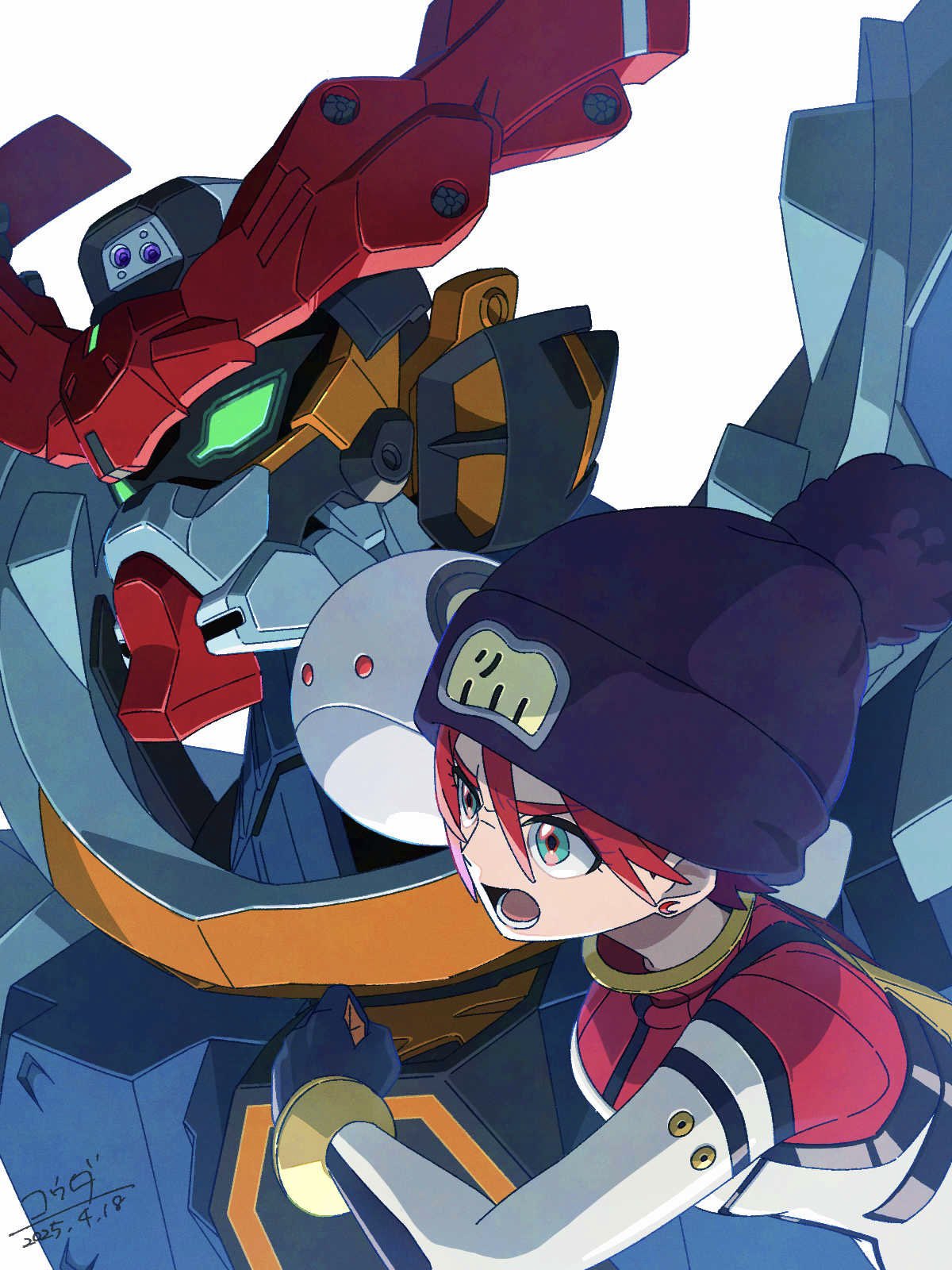 1girl, amate_yuzuriha, aqua_eyes, beanie, commentary_request, gquuuuuux, gundam, gundam_gquuuuuux, hat, highres, kouda_mana, mecha, mecha_pilot_suit, mobile_suit, open_mouth, red_hair, robot, short_hair, simple_background, v-fin, white_background