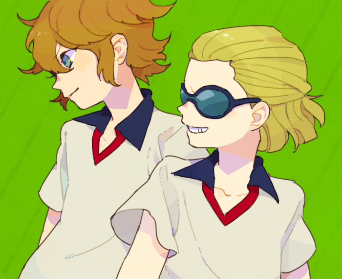 bad_id, blonde_hair, blue_eyes, brown_hair, dylan_keith, glasses, grin, inazuma_eleven