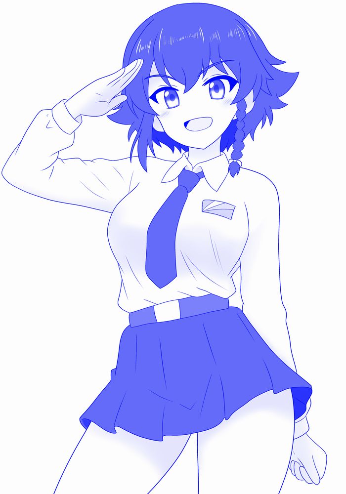 1girl, anzio_school_uniform, belt, blue_theme, braid, commentary, cowboy_shot, dress_shirt