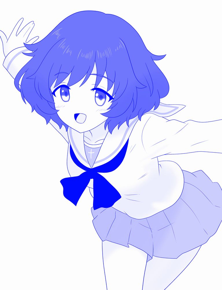 1girl, akiyama_yukari, blouse, blue_theme, commentary, cowboy_shot, girls_und_panzer, leaning_forward