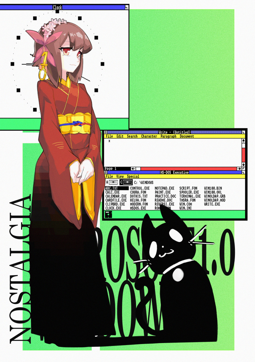 1.0-tan, 1girl, 2000s_(style), absurdres, alt_text, black_cat, brown_hair, cat