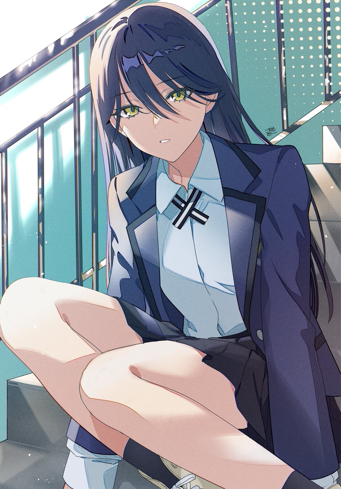 1girl, black_hair, black_skirt, black_socks, blue_jacket, collared_shirt, commentary_request, dress_shirt