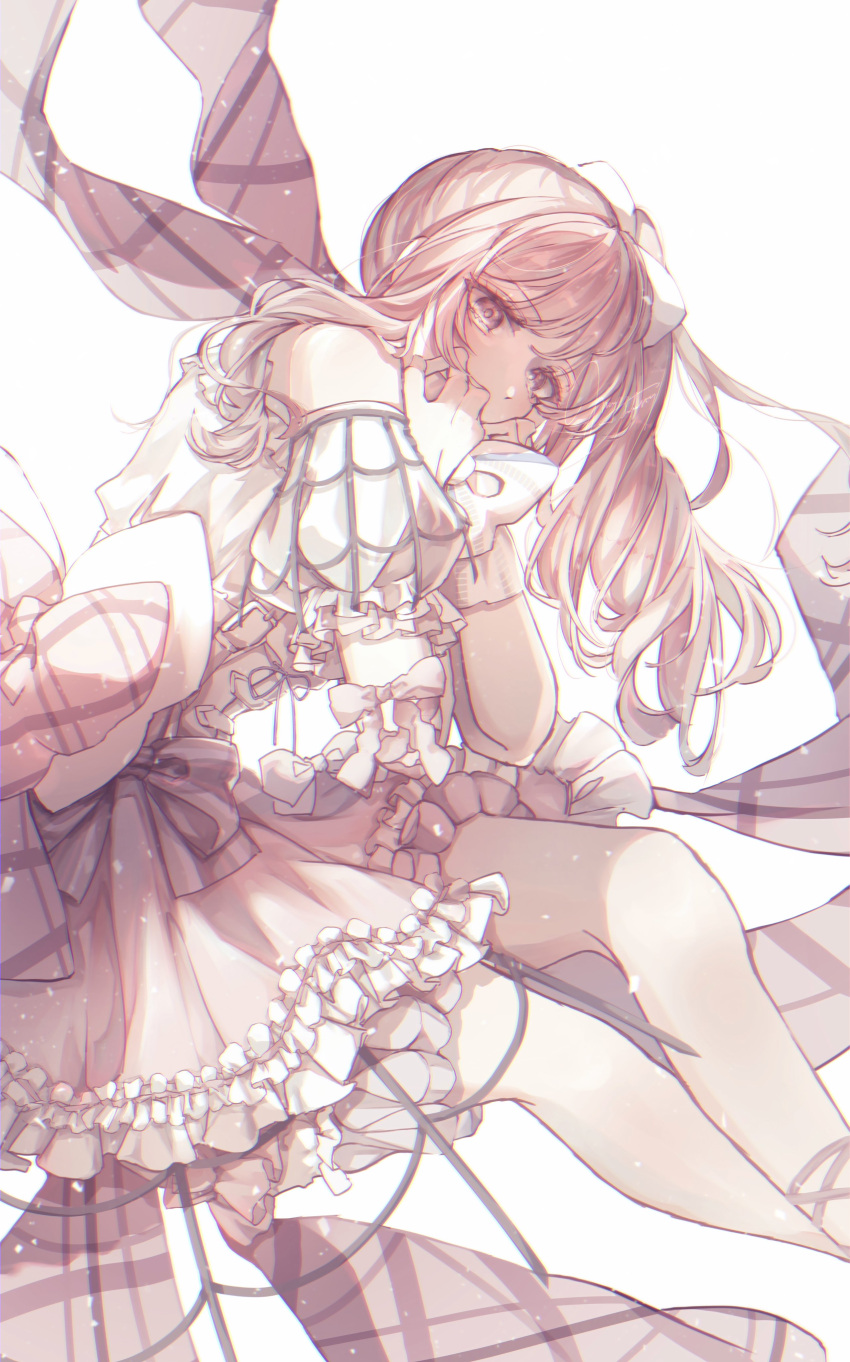 1other, absurdres, akiyama_mizuki, arm_bow, armlet, belt, belt_buckle, bloom, bow, bowtie, buckle, chromatic_aberration, commentary, corset, crinoline, crossed_legs, dress, dress_ribbon, feet_out_of_frame, floating, frilled_dress, frills, hair_bow, hair_over_shoulder, hands_on_own_face, hands_up, highres, jewelry, long_hair, looking_at_viewer, net, official_alternate_costume, petticoat, pink_bow, pink_dress, pink_eyes, pink_hair, plaid_bow, plaid_ribbon, project_sekai, ribbon, saku8587, secret_distance_(project_sekai), short_dress, side_ponytail, simple_background, sleeveless, sleeveless_dress, solo, striped_bow, two-tone_bow, two-tone_ribbon, white_background, white_bow, white_bowtie, white_dress