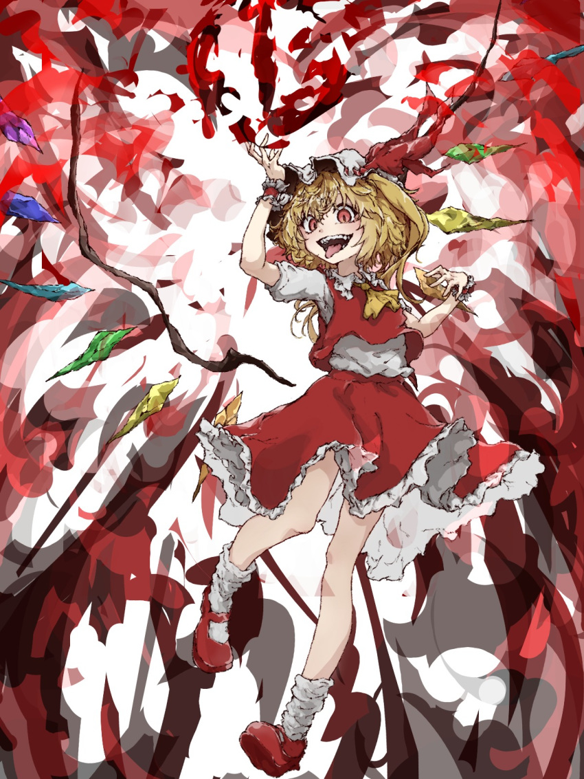 1girl, ascot, blonde_hair, crystal_wings, dress, flandre_scarlet, frilled_dress, frilled_wrist_cuffs