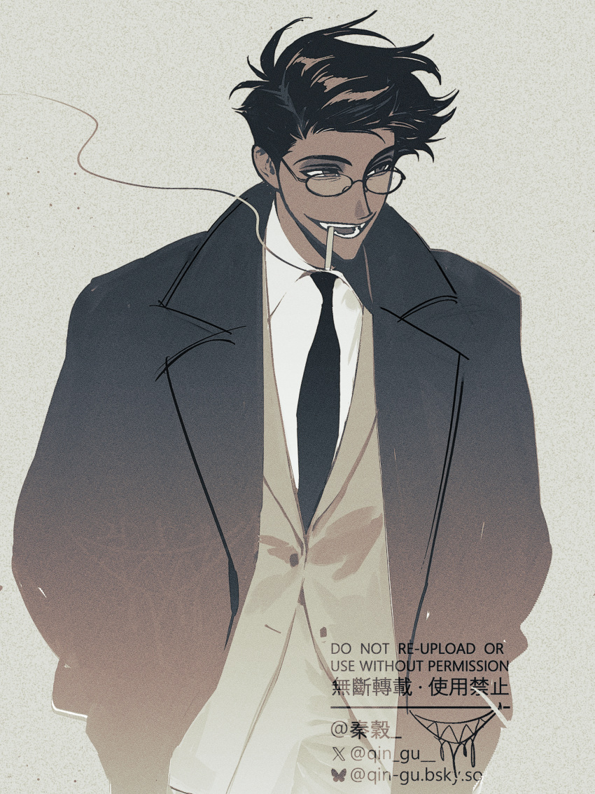 1boy, absurdres, alastor_(hazbin_hotel), black_coat, brown_hair, coat, collared_shirt, dark-skinned_male, dark_skin, hazbin_hotel, highres, looking_ahead, male_focus, necktie, scp-3232-1, shirt, smoking, solo, suit