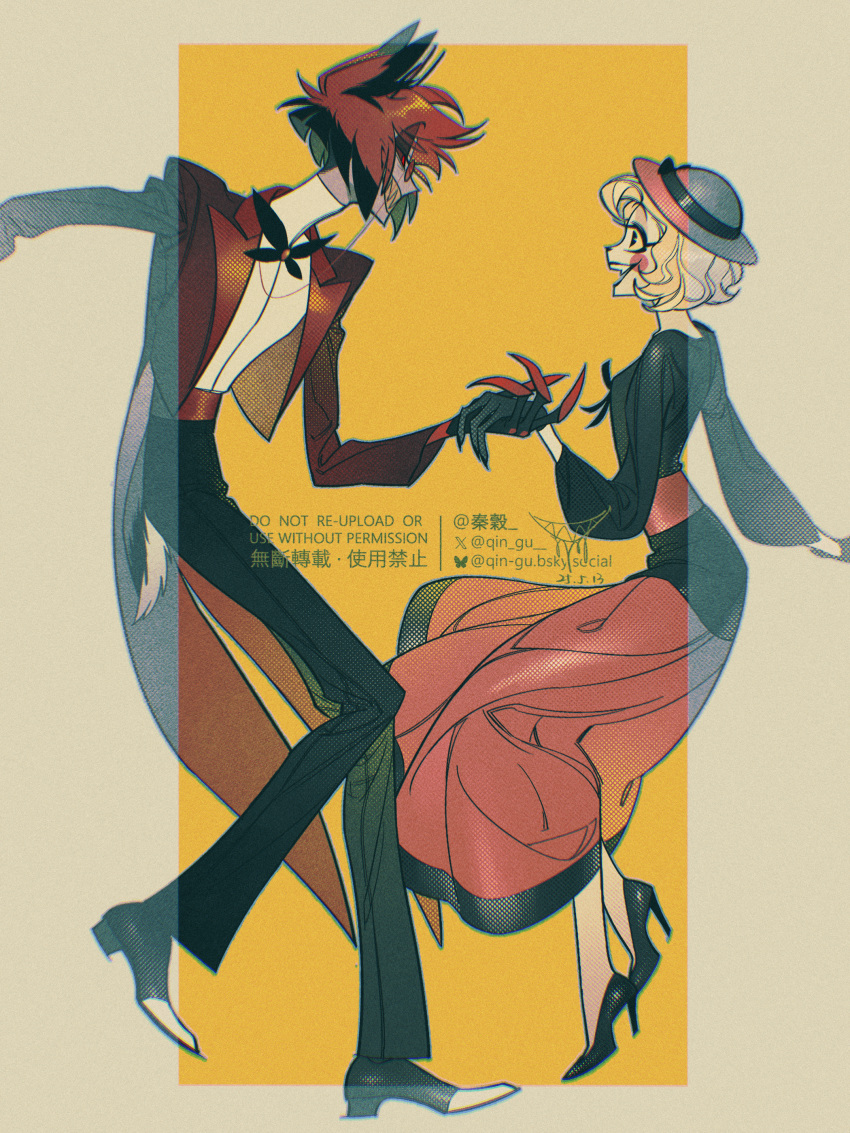 1boy, 1girl, absurdres, alastor_(hazbin_hotel), blonde_hair, dancing, demon_boy, demon_girl