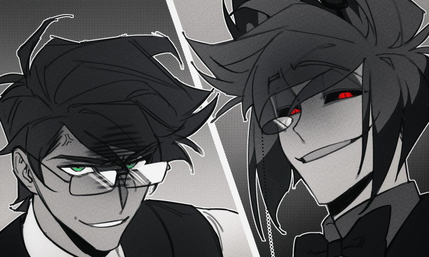 1boy, absurdres, alastor_(hazbin_hotel), alastor_(human)_(hazbin_hotel), anger_vein, black_sclera, colored_sclera, evil_grin