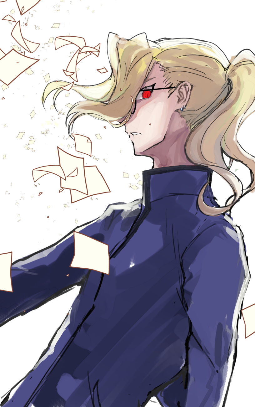 1boy, arm_behind_back, blonde_hair, earrings, floating_hair, floating_paper, from_side, glasses, highres, jewelry, long_hair, looking_at_viewer, male_focus, michael_roa_valdamjong, michael_roa_valdamjong_(human), pages, paper, ponytail, priest, red_eyes, royst, tsukihime, upper_body