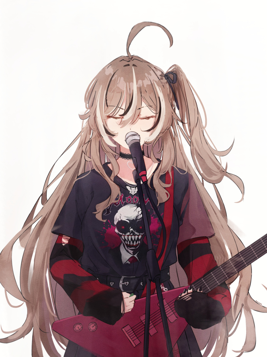 1girl, ahoge, belt, black_choker, black_ribbon, black_skirt, black_sweater, chain