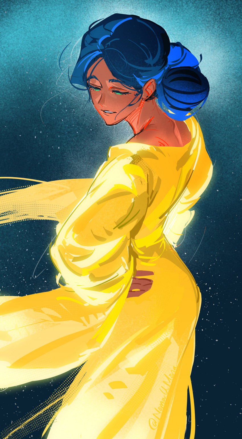1girl, absurdres, blue_hair, commentary, cowboy_shot, dark-skinned_female, dark_skin, double_bun